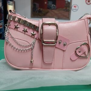 Pink Faux-Leather Mini Shoulder Bag with Stud & Chain Accents